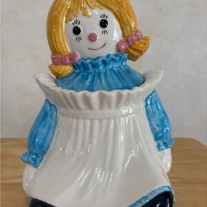 Ceramic Doll Cookie Jar with Blue and White Dress